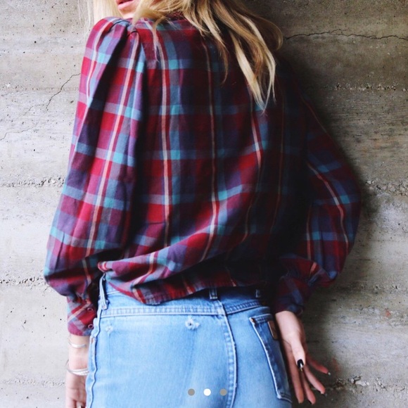 SOLD Poet Sleeve Plaid Button Down Shirt - Picture 2 of 7